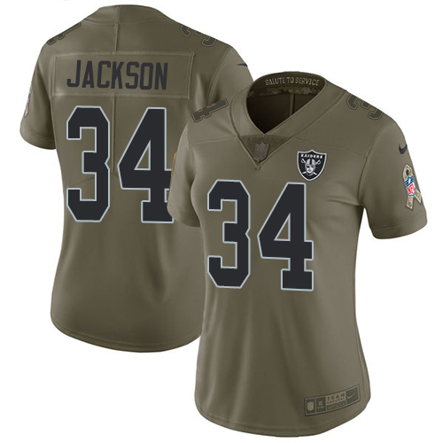 Nike Raiders #34 Bo Jackson Olive Women's Stitched NFL Limited Salute to Service Jersey - Click Image to Close